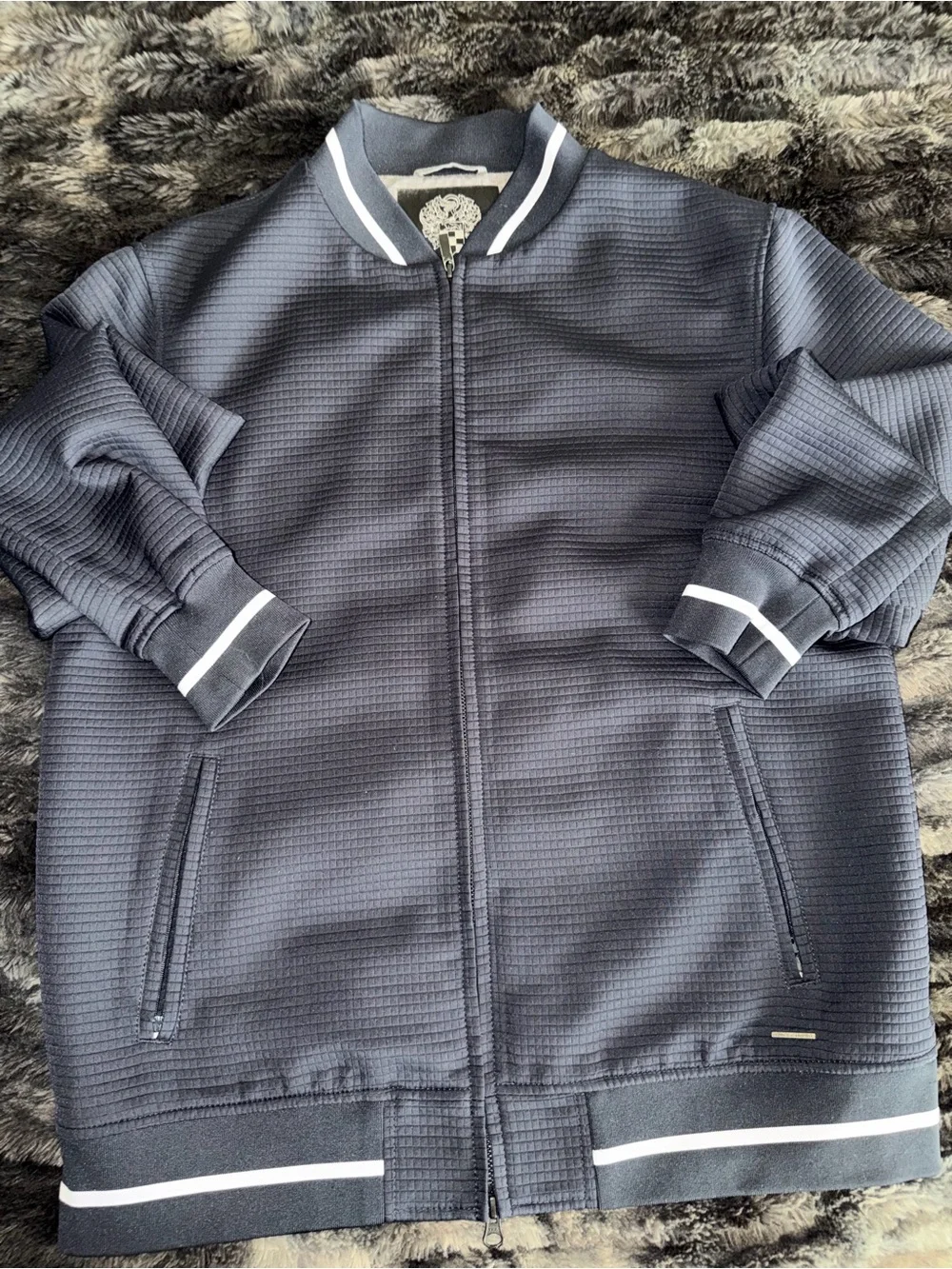 Vince Camuto Navy Bomber Jacket with White Stripe Trim